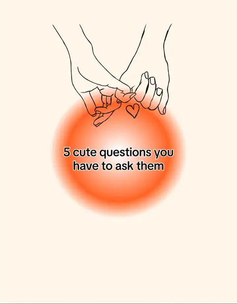 The image features two hands in a line drawing style, with fingers interlocked in a pinky promise. A heart is drawn on one pinky. Behind the hands is a blurred orange circle with text that reads, "5 cute questions you have to ask them."