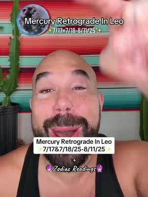 A selfie-style video cover image featuring a man with a bald head and a beard. A celestial graphic of a moon sits above the man's head. There is overlay text that describes mercury retrograde. The background has a colorful, patterned design. In the foreground, the man's face is the focus.