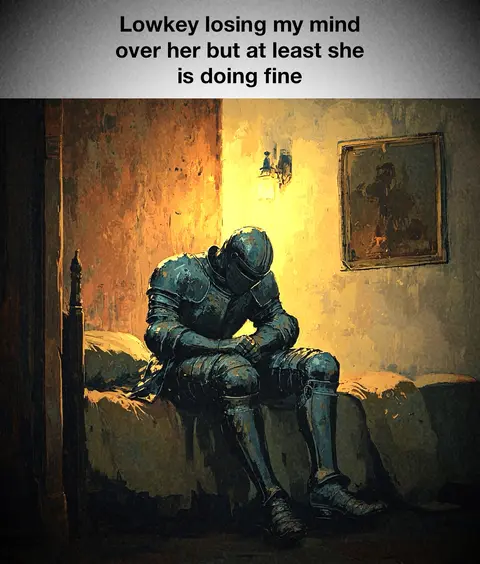 An artistic image depicts a knight in full armor sitting on a bed, head in hands. The room has warm lighting, and the muted colors of the artwork create a melancholic mood. Text overlay appears at the top; the overall style suggests digital painting.