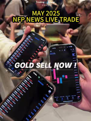 The cover image features a busy scene with multiple iPhones displaying financial data. The main focus is on the three phones held in the foreground, which show charts and numerical data with a dark theme. The text overlayed on image says "MAY 2025 NFP NEWS LIVE TRADE" in a yellow box and "GOLD SELL NOW !" in white. Background figures are vaguely visible, suggesting a social gathering within a trading or finance-related setting. The composition is designed to draw immediate attention to the trading data.