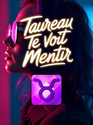 A woman wearing sunglasses is featured in a neon-lit image, with a stylized text overlay and a zodiac symbol. The woman is seen in profile, with a focus on her face, the top featuring the overlay text, beneath which is a purple square with the sign of Taurus.