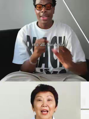 The cover image is split, featuring two video frames stacked vertically. The top frame shows a light-skinned man wearing a white t-shirt with the word "BLACK" prominently displayed in bold, black letters. He has orange-tinted glasses and seems to be speaking, with his hands gesturing, as he seems to be discussing a topic. Below this, is a older Asian looking woman speaking in front of a plain white background.