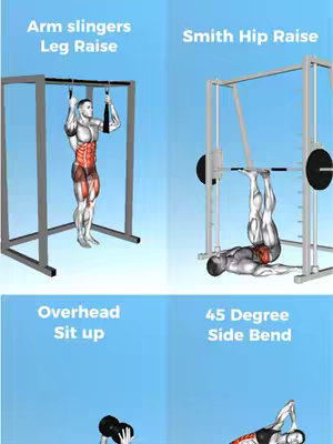 The image shows four different abdominal exercises with illustrations. Each exercise has a name at the top of the illustration. In the upper-left, there's "Arm Slingers Leg Raise", the upper right "Smith Hip Raise", the lower-left "Overhead Dumbbell Sit up," and the lower right "45 Degree Side Bend".