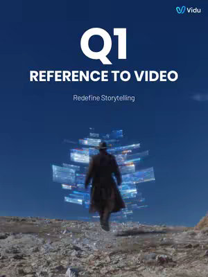 The cover image features a blue background at the top portion. The text 'Q1' in white is at the top; below, 'REFERENCE TO VIDEO' is prominently displayed in white, followed by 'Redefine Storytelling' in a smaller font. A silhouetted figure is walking towards the viewpoint, his back to the camera. He's wearing a long coat and a hat; a series of floating blocks are behind him. The ground below is rough and seemingly of rocky texture.
