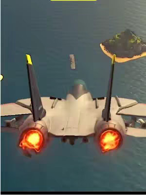 An aerial view of a fighter jet from behind, positioned central, over a blue ocean. The jet is white with black accents and yellow highlights on the tail fins. The engine exhausts glow orange. In the background, a small island is visible. The image conveys a sense of speed and action.