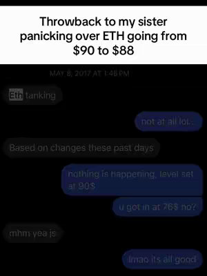 A screenshot of a text conversation between two people about cryptocurrency. The top text displays the title, a throwback moment. The text bubbles and time stamp fill most of the frame.