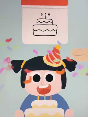 A colorful, cartoon-style image showcasing a joyful character holding a birthday cake with lit candles. Above the character, a calendar graphic displays a birthday cake drawing; confetti and other design elements are scattered throughout.