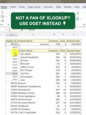 The cover image shows a computer screen displaying an Excel spreadsheet. A green rectangular text overlay at the top says, 'NOT A FAN OF XLOOKUP? USE DGET INSTEAD' with a lightbulb graphic at the end. The spreadsheet displays columns: 'Product ID', 'Product Name', 'Inventory', 'Aisle', and 'Restock Date'. The product IDs in the view are 84230 and 40555, with some products listed below. The left side of the spreadsheet has its rows highlighted in blue. The Excel interface with its menu options is highlighted at the top. The background is plain.
