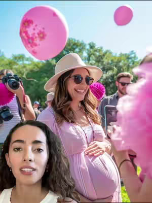 A woman with a baby bump smiles, wearing sunglasses and a hat. In the foreground, a woman with dark hair and a white top smiles at the camera. The background includes pink balloons, people, and trees.