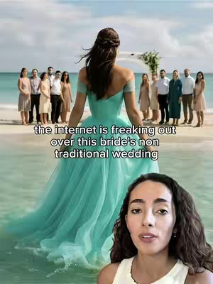 An image shows a bride in a mint green gown standing with her back to the camera on a beach, facing a group of people standing in a line. The foreground features a woman talking, with the beach scene in the background. Text overlays the image.