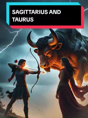 An illustrated image featuring the astrological symbols of Sagittarius and Taurus. At the foreground, a muscular figure representing Sagittarius is drawing a bow and arrow, aimed at a large bull with fiery highlights, symbolizing Taurus. Lightning and a cloudy sky form the background, setting a dramatic and mythological scene.