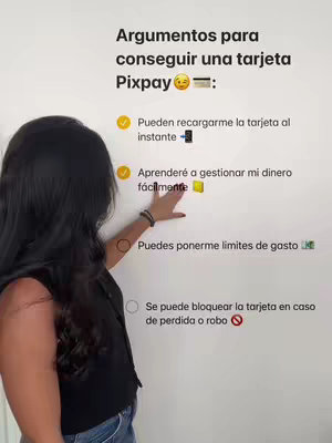 A woman with long dark hair is pointing to a list of arguments on a white wall. The text lists reasons to get a Pixpay card.