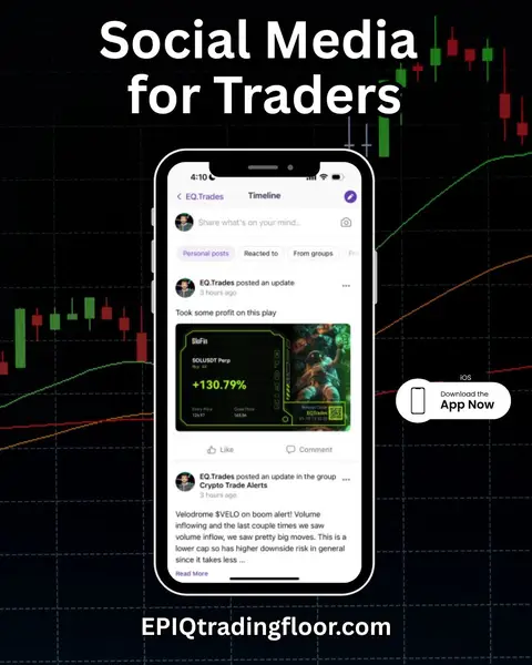 The cover image shows a phone displaying the EPIQ Trading Floor app interface. Above the phone, the text 'Social Media for Traders' is prominently displayed. The background features a dark, grid-like pattern with red and green financial charts, a stylized representation of market data.