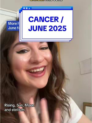 A woman with dark hair and makeup is smiling, with a window-like overlay on her face containing text related to the astrological sign Cancer and the year 2025.