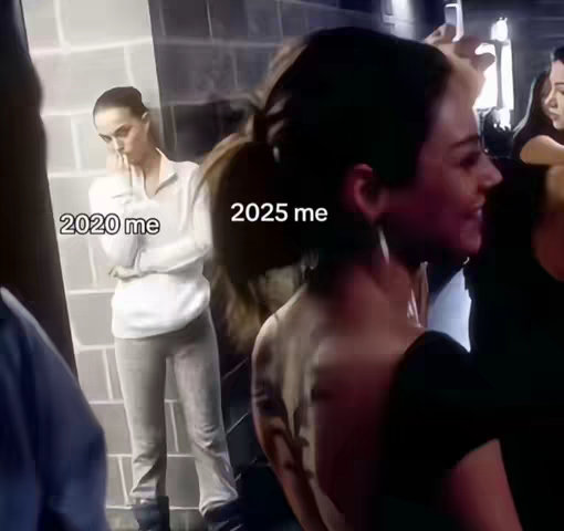 The image juxtaposes two versions of the same woman. On the left is the woman in 2020, wearing a white shirt and grey pants, with her hand up to her face and a thoughtful expression. On the right, the woman appears more confident and glamorous. The background is a blurry indoor location, and the text overlays label the women with their respective years.