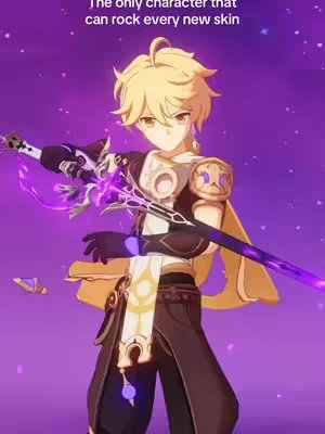 The cover image features an anime-style character, a young male figure with golden hair, posing with a weapon set against a purple background with star-like effects. The character is wearing a detailed outfit with cream and black elements. The text 'The only character that can rock every new skin' is overlaid on the image.