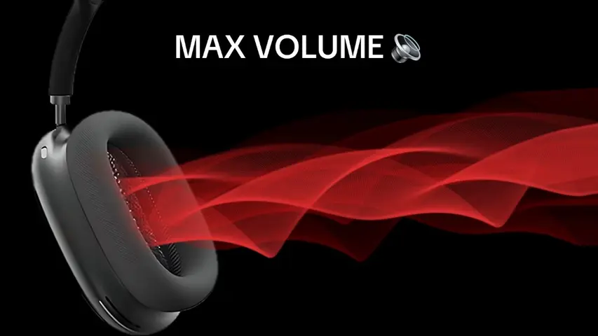 A black background with a pair of black headphones in the foreground. The headphones are angled towards the left, with the earcup facing the viewer. Emerging from the earcup is a stylized red wave pattern, suggesting sound waves. Text overlayed on the image reads "MAX VOLUME" in white font, next to a small speaker icon.