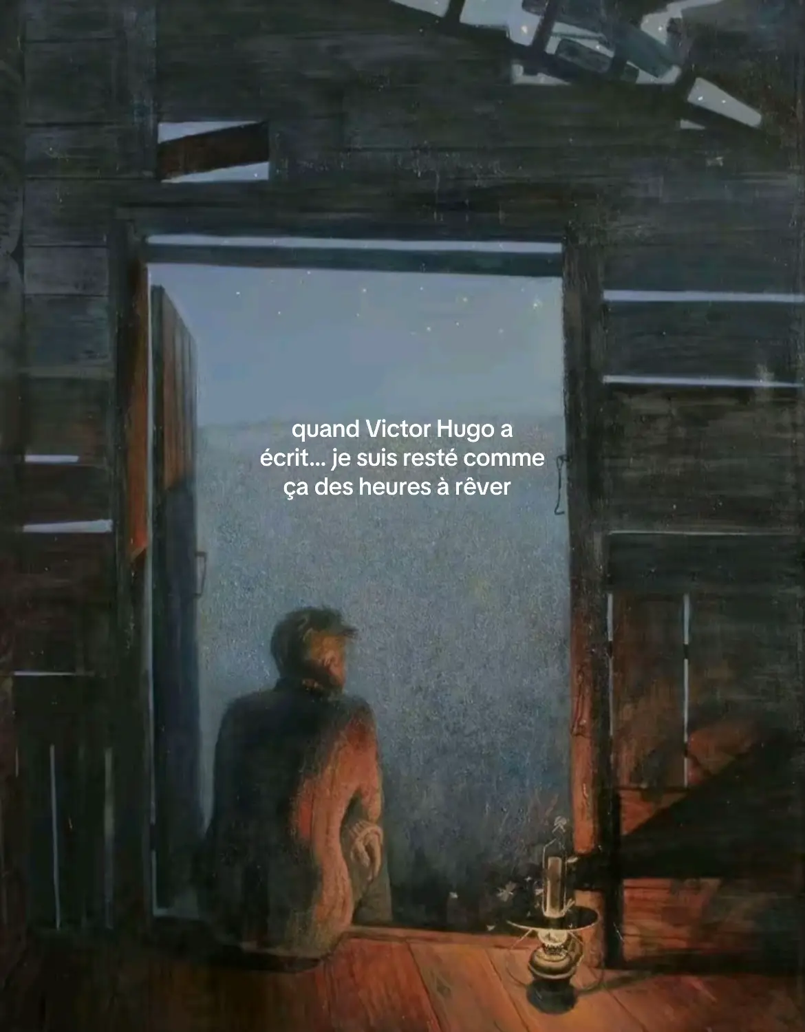 An artistic painting shows a man from the back looking out of the doorway into a starlit night. The man is wearing a jacket and appears to be contemplating something. Above, the doorway is framed by weathered wooden planks and the night scene glows with a soft blue color. A lamp with flowers inside sits on the floor.