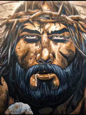 The cover image is a close-up, stylized portrait of Jesus, depicted with a serious expression. He is shown in a detailed, comic-book-like style, with a crown of thorns. His face is a warm, tan color, with deep shadows accentuating the features. The hair and beard show a darker contrast with his facial features. His piercing eyes draw the viewer's attention towards the center of the image.