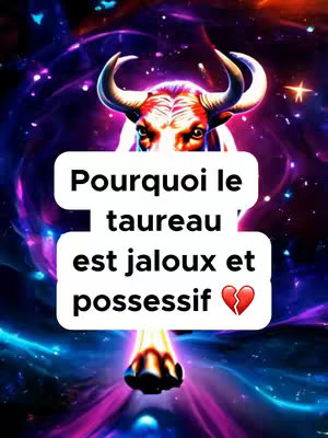 The image is a stylized graphic for a video about the Taurus zodiac sign. It features a digital illustration of a bull's head with glowing horns and a face, set against a background of swirling nebulae in shades of purple and blue. Overlaid on this are two white rectangular text boxes containing the title questions 'Pourquoi le taureau' and 'est jaloux et possessif' with a broken heart icon. The graphic is designed to attract viewers interested in astrology and the Taurus zodiac sign.