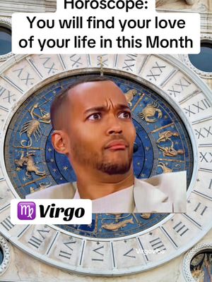 A cover image featuring a man with a bewildered expression superimposed over a clock face representing the zodiac signs. Above the man is the text 'Horoscope: You will find your love of your life in this Month'. In the lower-left corner is the Virgo symbol and the word 'Virgo'.