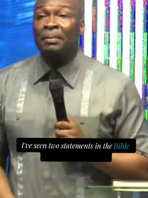 A man with short hair and a microphone in his hand is speaking in front of a blurred background with colorful, vertical stripes. Text overlayed on a black rectangle at the bottom reads, 'I've seen two statements in the Bible.'