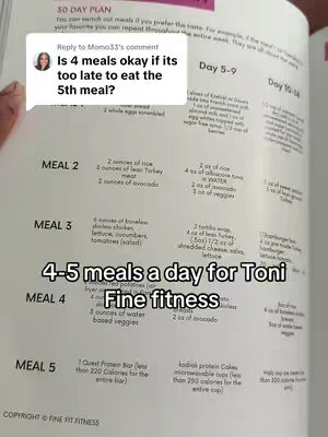 The cover image shows an open page with a 30-day meal plan. The page has handwritten notes and a question about having 4 meals instead of 5. A handwritten section at the image's bottom states, "4-5 meals a day for Toni Fine fitness". The background is white with printed text, with the page open to a spread.