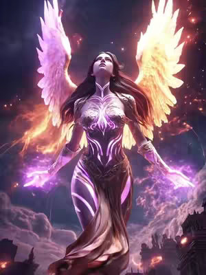 A digital art piece featuring a woman with long dark hair and a flowing gown, illuminated by a purple glow, framed by large, feathery wings that are a blend of light purple and gold, with a celestial background of purplish clouds and light.