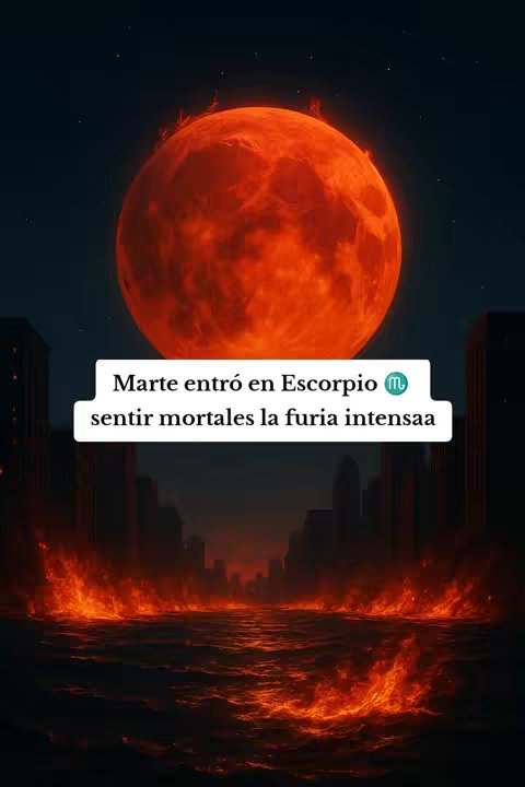 The image depicts a fiery red celestial body, possibly the moon or Mars, dominating the upper half of the frame against a dark night sky. The lower half showcases a cityscape engulfed in flames, with tall silhouettes of buildings and a blazing, fiery sea. The overall composition is dramatic and intense, centered on astrological themes as indicated by the text overlay.