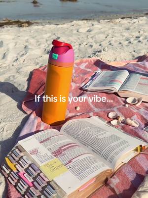 A beach scene with a towel, open book, water bottle, and seashells, suggesting a relaxing day. "If this is your vibe..." is overlaid on the image.