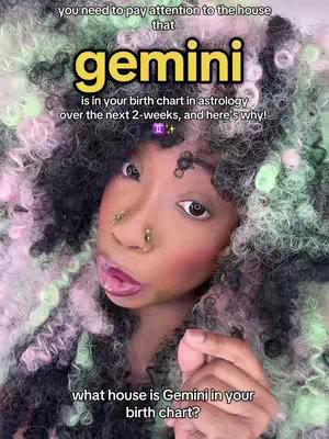 A selfie-style cover image features a person with an expressive face, vibrant makeup, and colorful hair, overlaid with text about Gemini in astrology. The background is blurred, emphasizing the subject on stage, who gazes towards the camera with a slightly open mouth, with text overlays in both the foreground and background, adding context and description. The image has a dynamic layout with a lively color scheme.