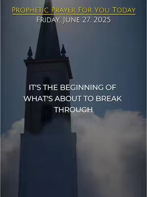 A vertical image featuring a church steeple against a cloudy sky. The steeple is the central element, with a white and dark-colored structure. Text overlays are present, with a gold banner at the top that has text. Below this, text on the screen features white text contrasting against the muted background. The overall composition has a serene and hopeful tone.