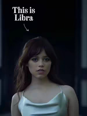 The cover image is an image of a woman, with dark hair and bangs, staring at the camera with a slight look of concern or pensiveness. The text overlay reads 'This is Libra'. The background is dark, with a silhouette of what could be a doorway or undefined structure. The woman is wearing a light blue, satin-like top.