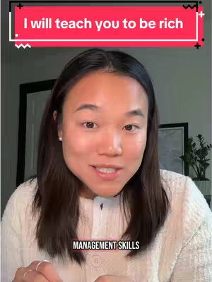 A woman with dark hair and fair skin smiles at the camera. Above her head, a red banner with white text declares, "I will teach you to be rich," and another banner near the bottom says "MANAGEMENT SKILLS."