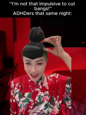 The cover image shows a woman in a red floral kimono. Text overlay includes the quote "I'm not that impulsive to cut bangs". The woman holds her own black hair and a hand pretends to hold as the bangs