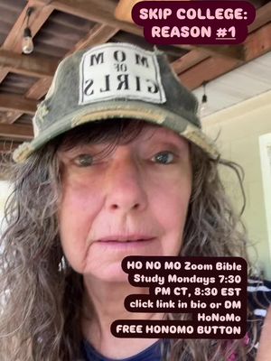 A medium shot of a woman with long curly hair and a baseball cap that says "MOM of GIRLS" taking a photo. Overlaying text on the top left and bottom right corner, the woman appears to be outside, with beams of wood overhead.  She has a somewhat serious expression.