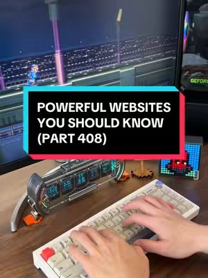 The image is a vertical shot. It features a black rectangle at the center, which displays the title of the video: "POWERFUL WEBSITES YOU SHOULD KNOW (PART 408)". Below, visible elements include a silver keyboard with red and white keys, and the hands of a person are seen typing on it. Behind the keyboard, on the desk, are some technological tools, the reflection of a monitor screen can be also seen in the background. At the upper left corner of the screen, a person is slightly visible.