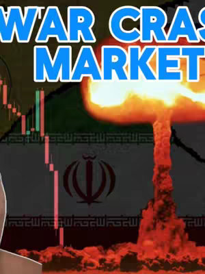 The cover image is a vertical composition with a dark background. The main visual element is a large mushroom cloud explosion in the center. Behind the explosion, the Iranian flag is visible, and to the left, portions of a descending stock market graph are present. Superimposed in the upper portion of the image is the text 'WAR CRASH MARKET' in bold, outlined blue font.