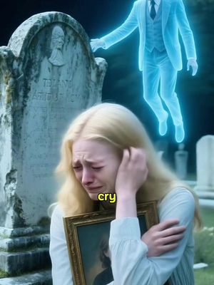 The image depicts a sorrowful young woman standing in a graveyard. She holds a framed portrait and is visibly crying, with tears streaming down her face. Behind her, a ghostly figure in a suit floats, arms extended, and a headstone is visible in the background. The overall tone is somber and reflective, with a focus on grief and perhaps the afterlife.