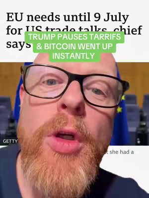 A man with a red beard and black glasses is centered. Text overlays in green blocks describe that Trump paused tariffs and Bitcoin went up instantly.