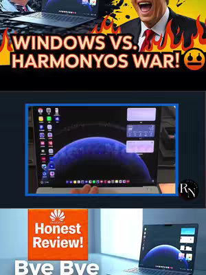 The cover image is an eye-level composite featuring multiple elements. At the top, there's an animated banner proclaiming "WINDOWS VS. HARMONYOS WAR!" in a bold, black sans-serif font, with flames on either side. Below this, a segment shows a laptop screen angled towards the viewer, displaying the HarmonyOS interface dominated by a blue planet graphic. A stylized "RN" logo is in the right corner of this screen. Underneath, is a bright orange banner reading "Honest Review!" with the Huawei logo, transitioning into the words "Bye Bye", overlaid on a photograph of a silver Huawei laptop.
