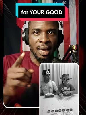A man with a dark complexion is the central focus, wearing a headset and a burgundy shirt, with his right index finger pointed upwards. Behind him is the American flag. To his lower right is a smaller, black and white image depicting two children, one wearing a Mickey Mouse hat. The hook features the text 'for YOUR GOOD' in a white font within a black and red box, positioned at the top of the screen.