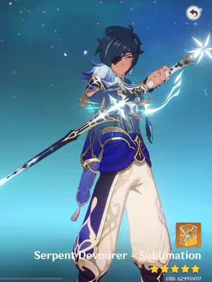 A digital illustration showing Kaeya, a character from Genshin Impact, holding two glowing weapons. The background is a gradient of blues with sparkling effects. Kaeya is wearing a detailed outfit with a blue and white color scheme. Text overlays indicate the weapon and its details.