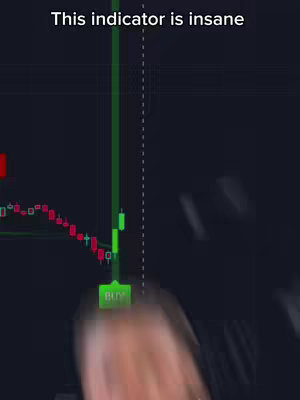 The image shows a screen displaying a trading chart with candlestick data. A vertical green line and a 'BUY' button overlay the chart, suggesting a trading indicator. The top of the image features the text overlay 'This indicator is insane'. The background is a dark grey.