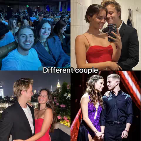 A collage of four photos showing different couples, with text overlayed. The top left photo shows a man and a woman smiling closely at each other. The top right photo features a couple with the woman wearing a red dress. The bottom left picture has another couple, both in formal attire. The bottom right photo displays another couple. The text overlayed at the bottom reads 'Different couple'.