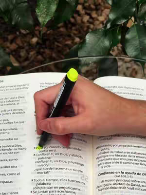 A hand with light skin is holding a yellow highlighter and highlighting a passage in a Bible. The Bible is open to a page with Spanish text. The background is blurred, with green foliage visible, suggesting a natural, indoor setting.