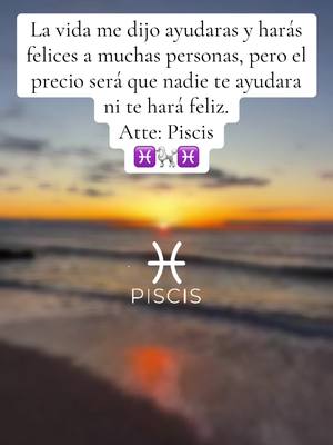 Image of a beach during sunset. The colors are warm, with oranges and yellows in the sky. The ocean is blurred, and the foreground is out of focus. Overlayed on the image are white text in a speech bubble, a Pisces symbol, and the word "PISCIS" written in a clean font.