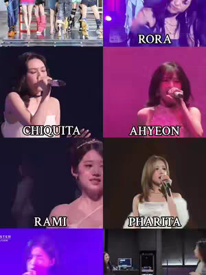 The cover image is a grid-like collage featuring photos and text. Each image is of a different member of the kpop group BABYMONSTER, each singing into a mic and the names of the members are at the bottom of each image. The images are set against a pink backdrop.