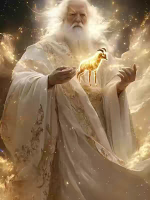The image is a digital illustration depicting a figure with long white hair and a beard, dressed in white robes. The figure has a serene expression and is holding a glowing golden goat-like creature in the palms of their hands. The background is filled with bright, swirling gold and yellow light, suggesting a celestial or divine setting. The overall composition is symmetrical and conveys a sense of power and creation.