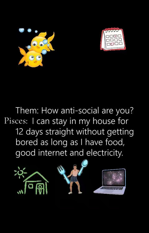 A stark, black background is populated with cartoon graphics and text. Two yellow fish with large eyes swim in the upper left, and a red calendar is on the upper right. Underneath, text in white font details a conversation about how anti-social someone is. A cartoon person with utensils in hand is in the center surrounded by symbols of a house, sun and computer.